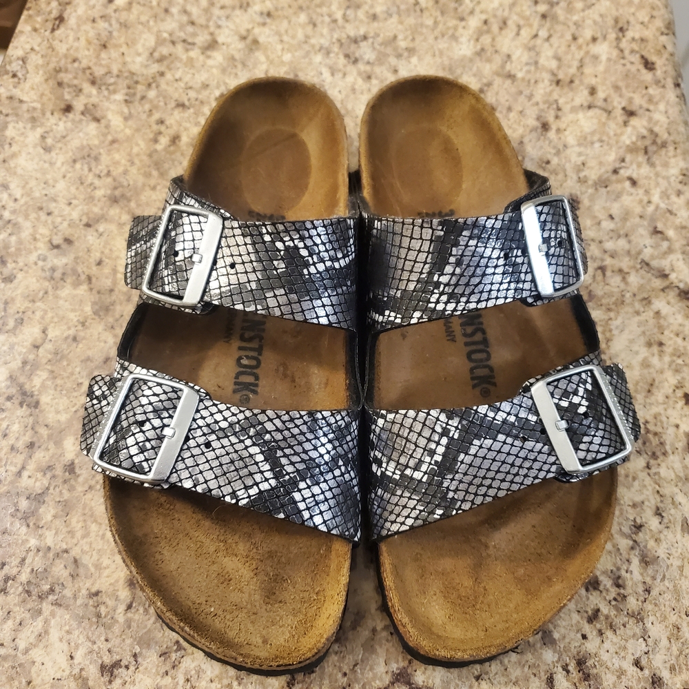 Birkenstock Black and Silver Snake Print Sandals